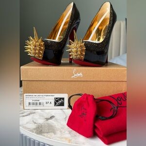 Christian Louboutin Asteroid 160 Black/Gold Spiked Heels | Size 37.5